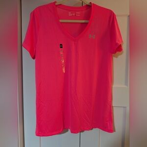 Under Armour Womens Tech V Neck Short Sleeve Pink T Shirt Cerise Sz Large - NWT